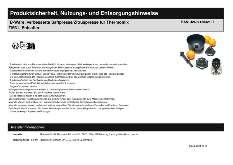 B-Ware: verbesserte Saftpresse/Zitruspresse für Thermomix TM31, Entsafter