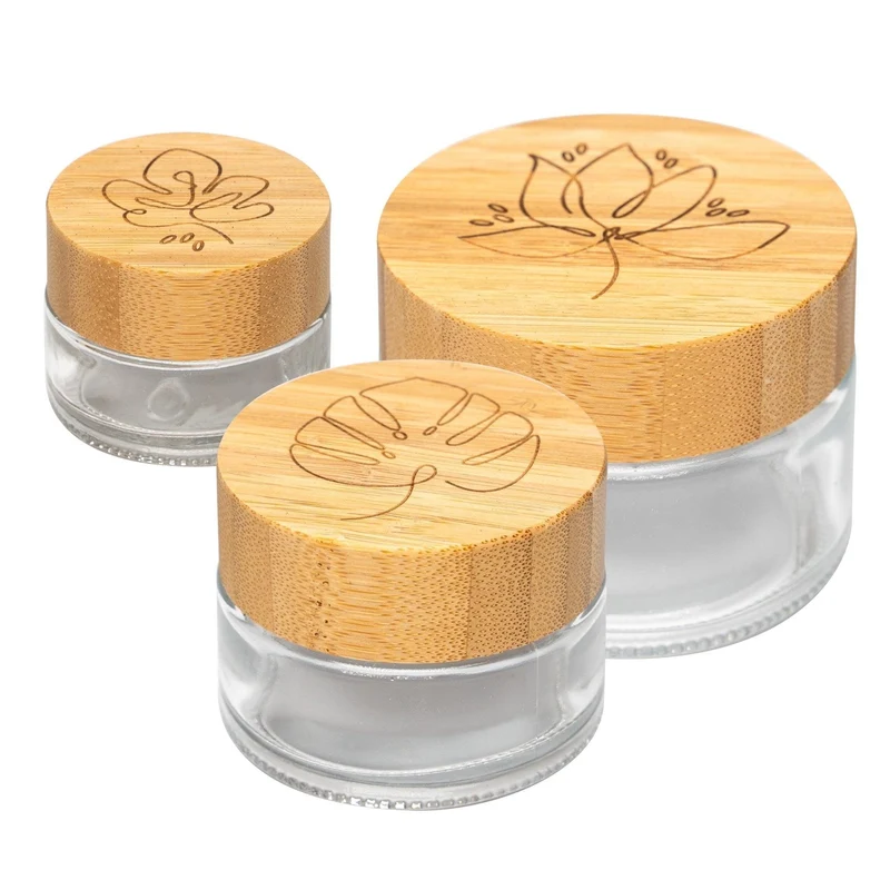B-Ware: Glastiegel mit Bambusdeckel & Gravur für selbstgemachte Kosmetik 3er Set 20, 50 & 100g Klar