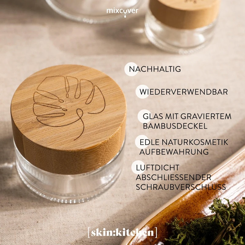 B-Ware: Glastiegel mit Bambusdeckel & Gravur für selbstgemachte Kosmetik 3er Set 20, 50 & 100g Klar