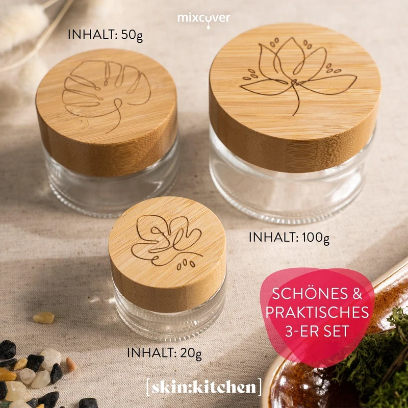 B-Ware: Glastiegel mit Bambusdeckel & Gravur für selbstgemachte Kosmetik 3er Set 20, 50 & 100g Klar