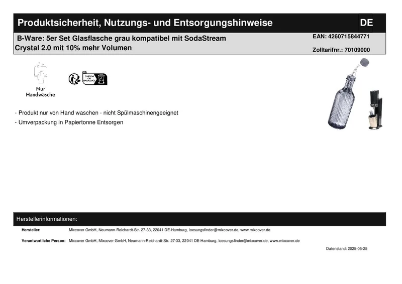 B-Ware: 5er Set Glasflasche grau kompatibel mit SodaStream Crystal 2.0 mit 10% mehr Volumen