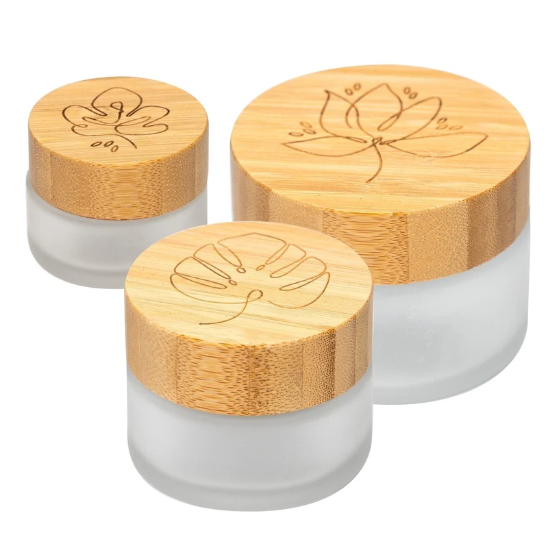 B-Ware: Glastiegel mit Bambusdeckel & Gravur für selbstgemachte Kosmetik 3er Set 20, 50 & 100g Frosted