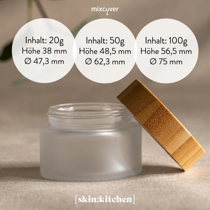 B-Ware: Glastiegel mit Bambusdeckel & Gravur für selbstgemachte Kosmetik 3er Set 20, 50 & 100g Frosted