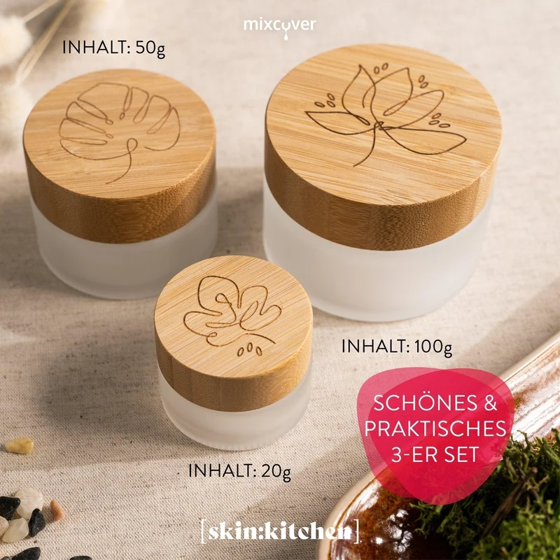 B-Ware: Glastiegel mit Bambusdeckel & Gravur für selbstgemachte Kosmetik 3er Set 20, 50 & 100g Frosted