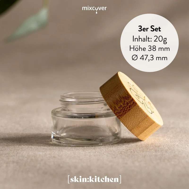 B-Ware: Glastiegel mit Bambusdeckel & Gravur für selbstgemachte Kosmetik 3er Set 20g Klar