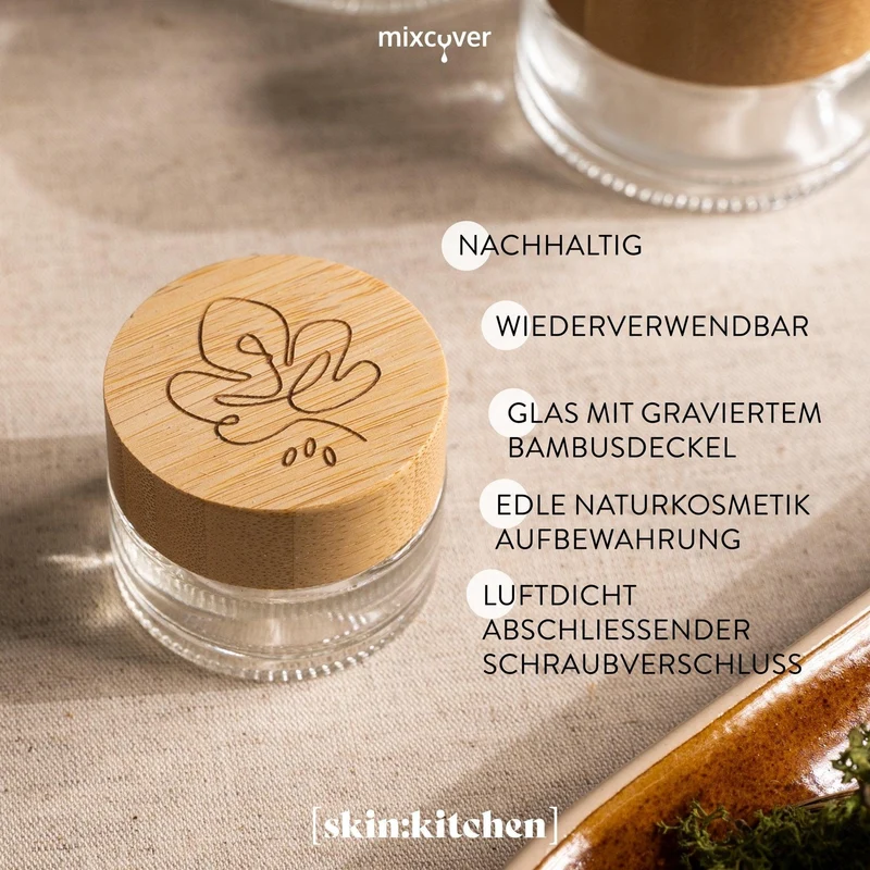 B-Ware: Glastiegel mit Bambusdeckel & Gravur für selbstgemachte Kosmetik 3er Set 20g Klar