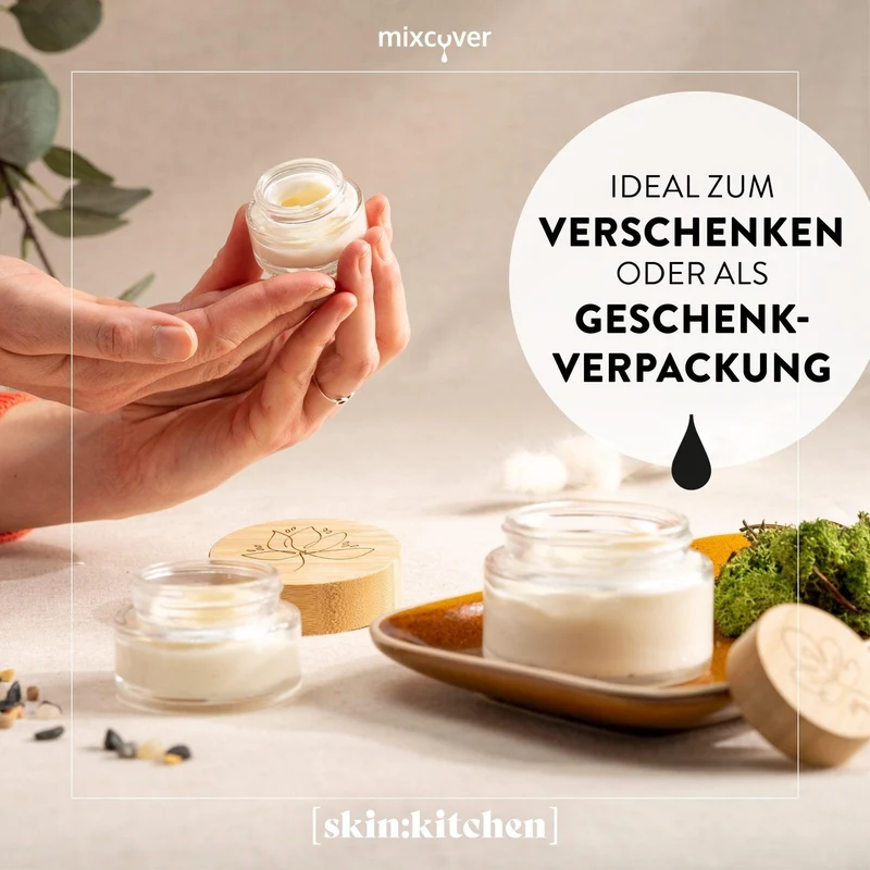 B-Ware: Glastiegel mit Bambusdeckel & Gravur für selbstgemachte Kosmetik 3er Set 20g Klar