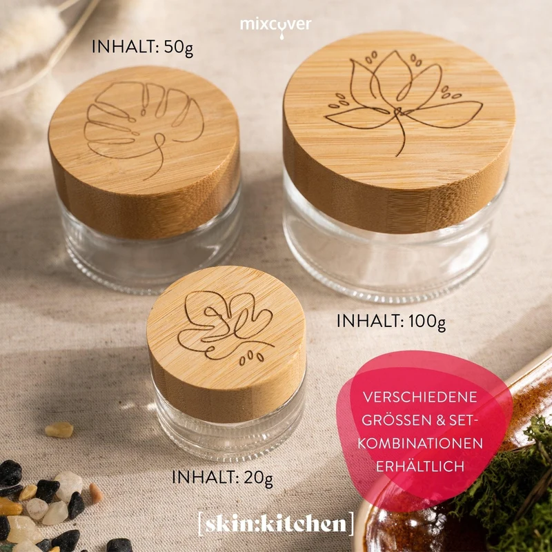 B-Ware: Glastiegel mit Bambusdeckel & Gravur für selbstgemachte Kosmetik 3er Set 20g Klar