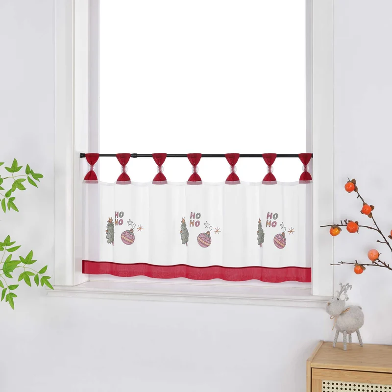 Scheibengardine Weihnachten Transparent Polyester mit rotem Rand und Stickerei Tannenbaum Weihnachtskugeln