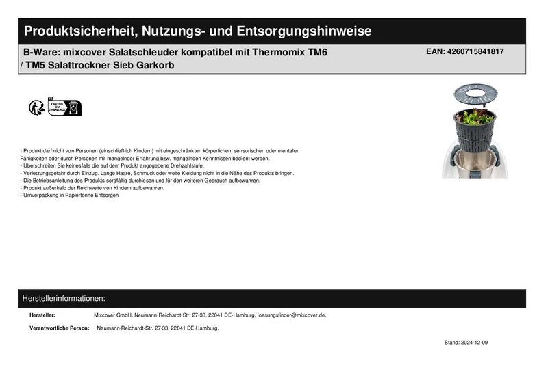 B-Ware: mixcover Salatschleuder kompatibel mit Thermomix TM6 / TM5 Salattrockner Sieb Garkorb