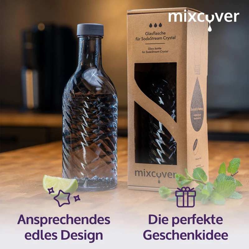 B-Ware: Glasflasche kompatibel mit SodaStream Crystal 2.0 mit 10% mehr Volumen Dark Grey