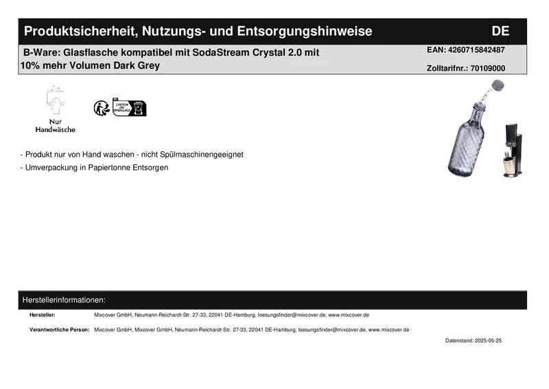 B-Ware: Glasflasche kompatibel mit SodaStream Crystal 2.0 mit 10% mehr Volumen Dark Grey