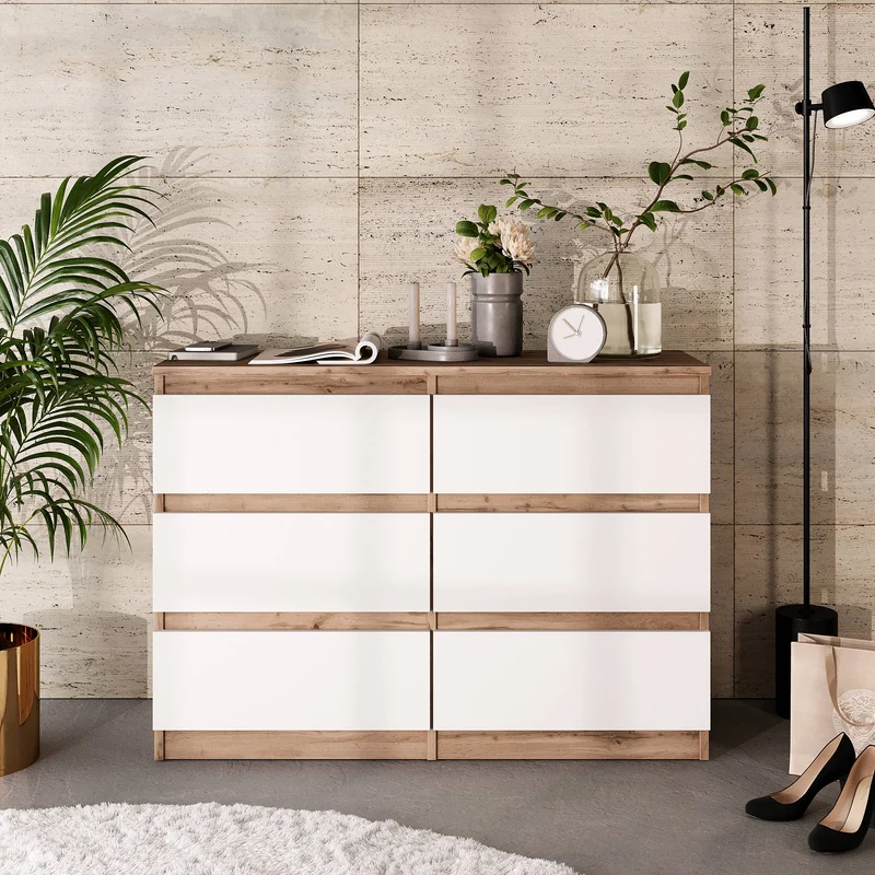 GABRIEL - Kommode / Sideboard mit 6 Schubladen - Wotan Eiche / Weiß Matt H71cm B100cm TD33cm
