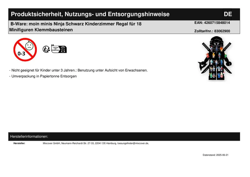 B-Ware: moin minis Ninja Schwarz Kinderzimmer Regal für 18 Minifiguren Klemmbausteinen