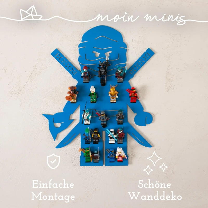 B-Ware: moin minis Ninja Blau Kinderzimmer Regal für 18 Minifiguren Klemmbausteinen