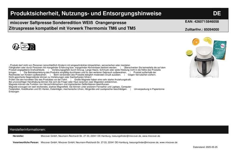 mixcover Saftpresse Sonderedition WEIß Orangenpresse Zitruspresse kompatibel mit Vorwerk Thermomix TM6 und TM5