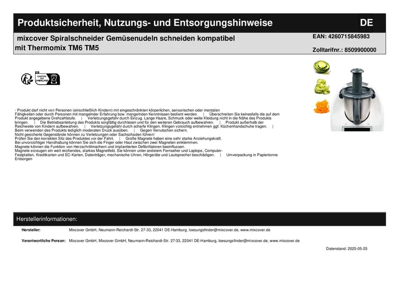 mixcover Spiralschneider Gemüsenudeln schneiden kompatibel mit Thermomix TM6 TM5