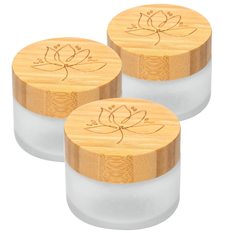 B-Ware: Glastiegel mit Bambusdeckel & Gravur für selbstgemachte Kosmetik 3er Set 100g Frosted