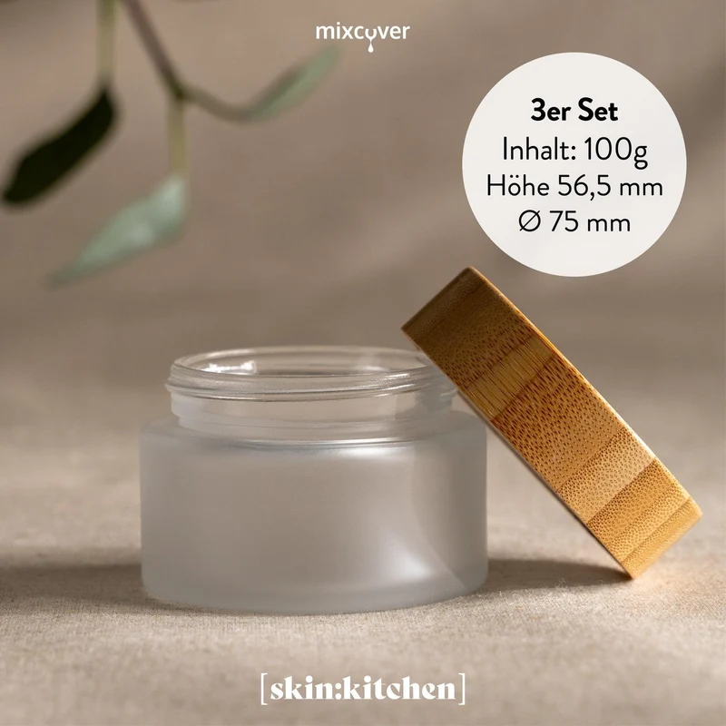 B-Ware: Glastiegel mit Bambusdeckel & Gravur für selbstgemachte Kosmetik 3er Set 100g Frosted