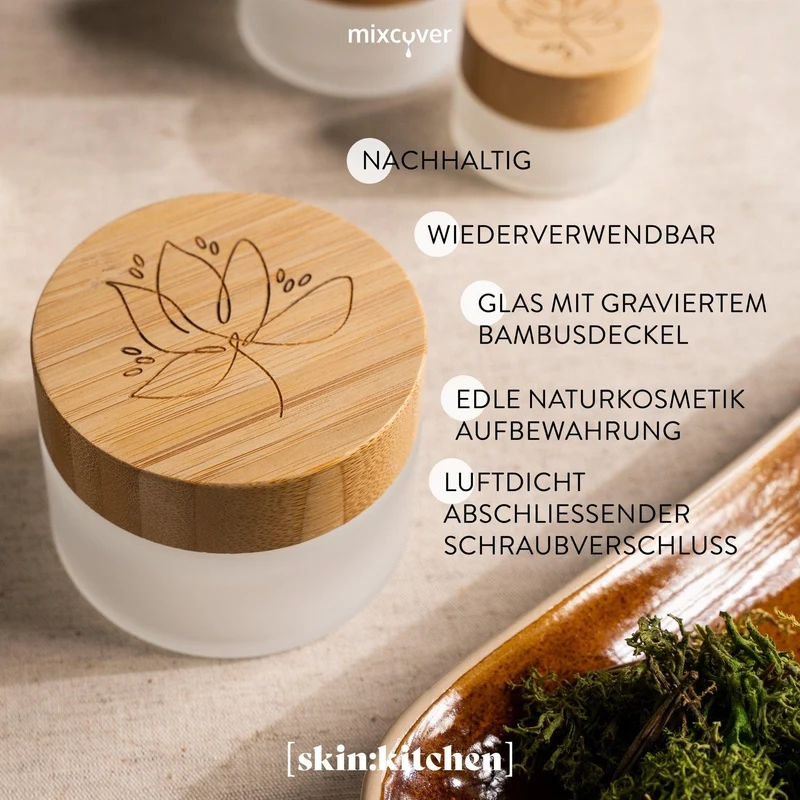 B-Ware: Glastiegel mit Bambusdeckel & Gravur für selbstgemachte Kosmetik 3er Set 100g Frosted