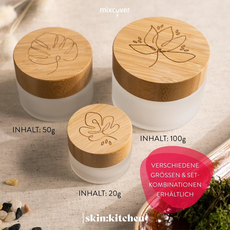 B-Ware: Glastiegel mit Bambusdeckel & Gravur für selbstgemachte Kosmetik 3er Set 100g Frosted
