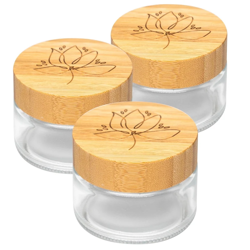 B-Ware: Glastiegel mit Bambusdeckel & Gravur für selbstgemachte Kosmetik 3er Set 100g Klar