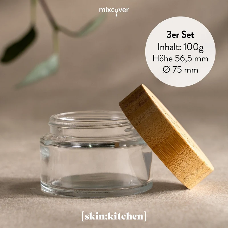 B-Ware: Glastiegel mit Bambusdeckel & Gravur für selbstgemachte Kosmetik 3er Set 100g Klar
