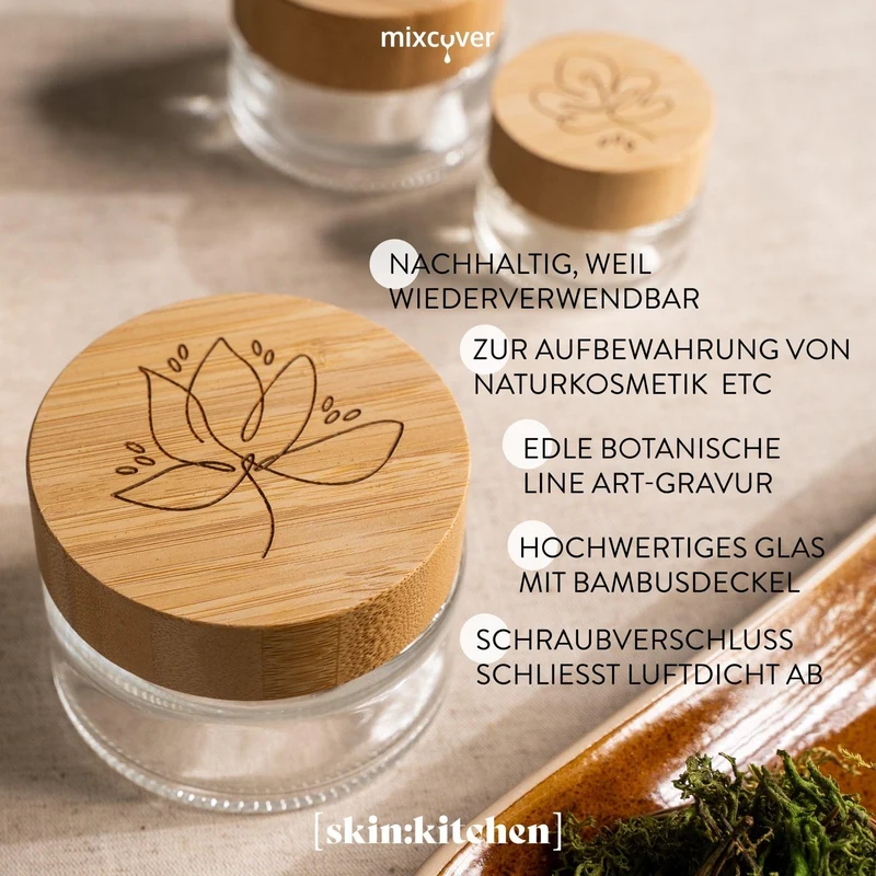 B-Ware: Glastiegel mit Bambusdeckel & Gravur für selbstgemachte Kosmetik 3er Set 100g Klar
