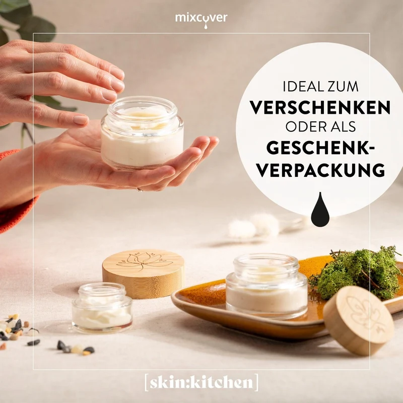 B-Ware: Glastiegel mit Bambusdeckel & Gravur für selbstgemachte Kosmetik 3er Set 100g Klar