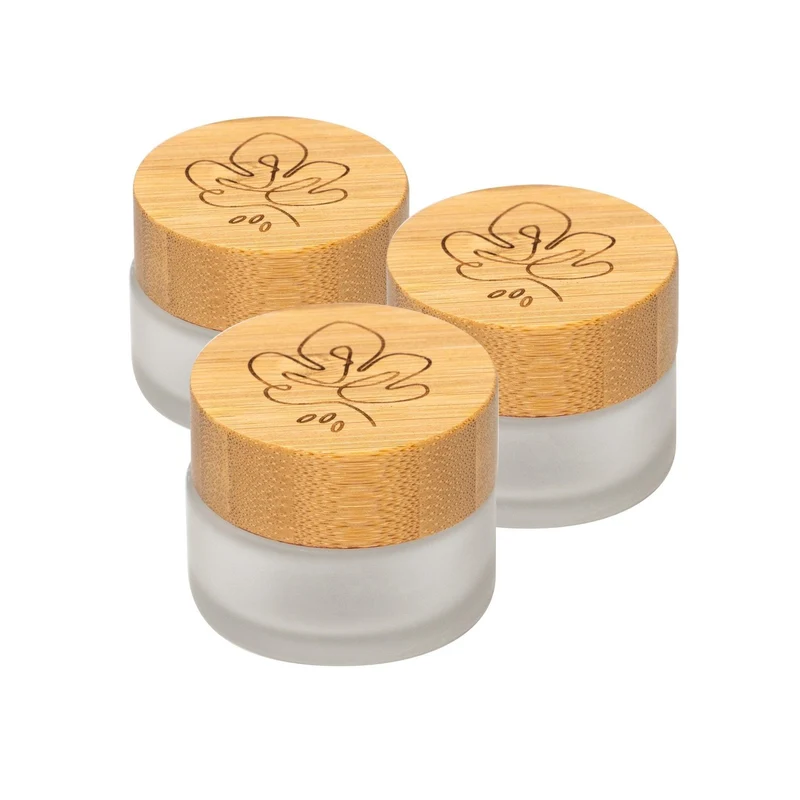B-Ware: Glastiegel mit Bambusdeckel & Gravur für selbstgemachte Kosmetik 3er Set 20g Frosted