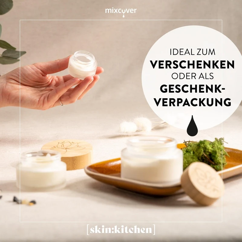 B-Ware: Glastiegel mit Bambusdeckel & Gravur für selbstgemachte Kosmetik 3er Set 20g Frosted