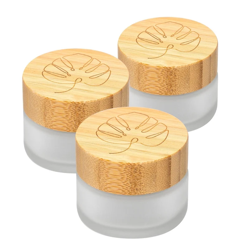 B-Ware: Glastiegel mit Bambusdeckel & Gravur für selbstgemachte Kosmetik 3er Set 50g Frosted