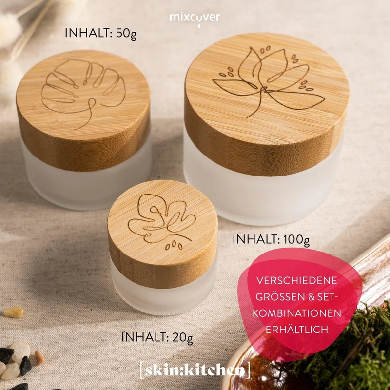 B-Ware: Glastiegel mit Bambusdeckel & Gravur für selbstgemachte Kosmetik 3er Set 50g Frosted