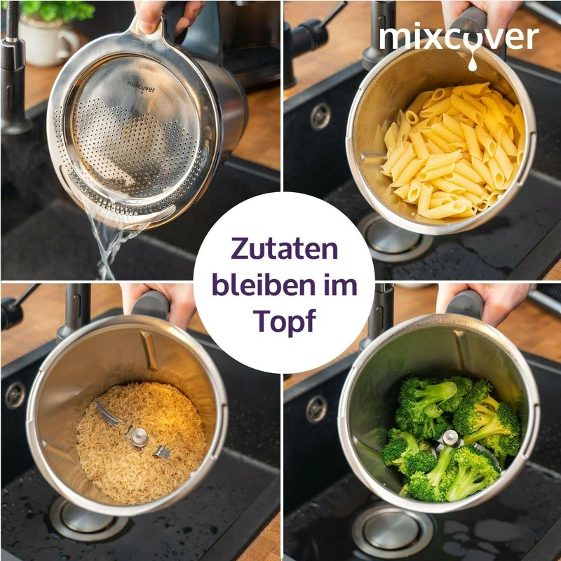 B-Ware: mixcover Edelstahl Sieb Abgieß-Hilfe Thermomix TM6 und TM5, Nudeln uvm. abgießen