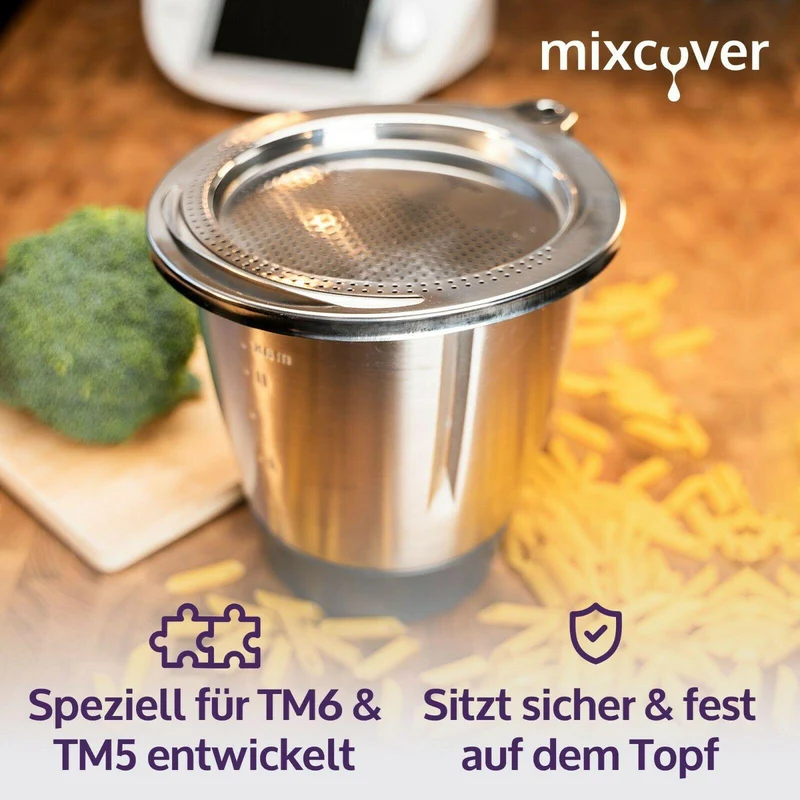 B-Ware: mixcover Edelstahl Sieb Abgieß-Hilfe Thermomix TM6 und TM5, Nudeln uvm. abgießen