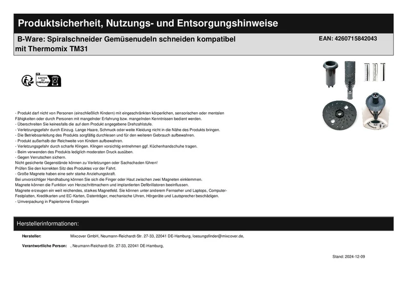 B-Ware: Spiralschneider Gemüsenudeln schneiden kompatibel mit Thermomix TM31