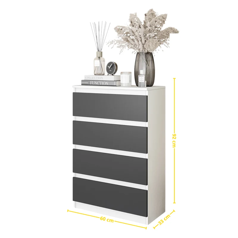 GABRIEL - Kommode / Sideboard mit 4 Schubladen - Weiß Matt / Anthrazit H92cm B60cm T33cm