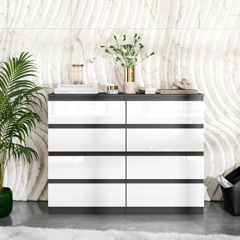 GABRIEL - Kommode / Sideboard mit 8 Schubladen - Anthrazit / Weiß Gloss H92cm B120cm T33cm