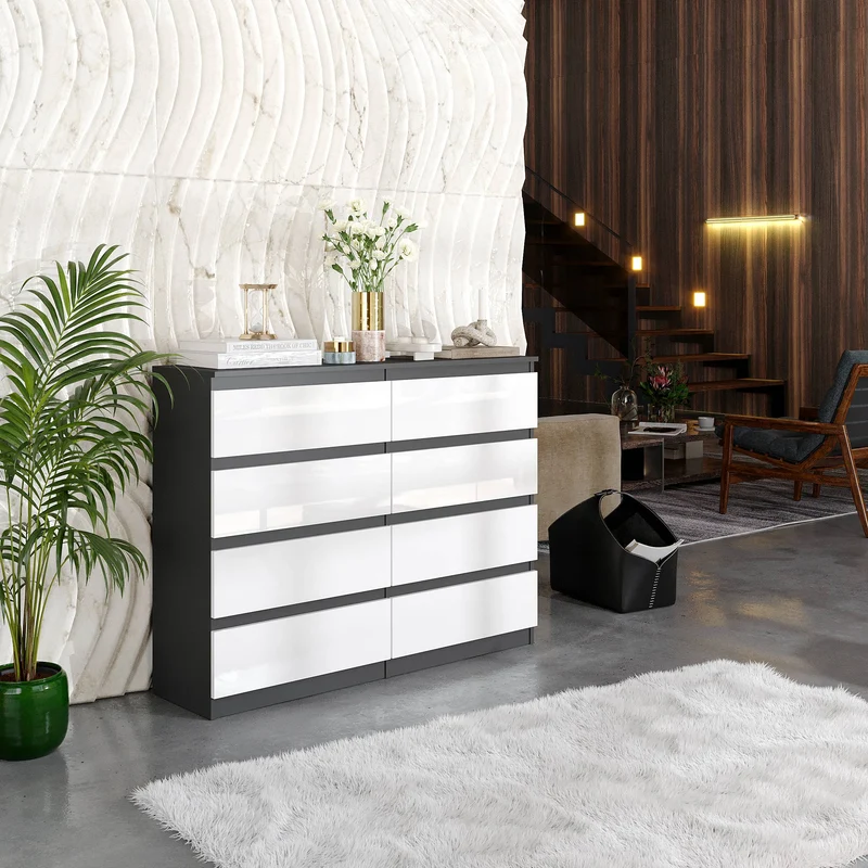 GABRIEL - Kommode / Sideboard mit 8 Schubladen - Anthrazit / Weiß Gloss H92cm B120cm T33cm