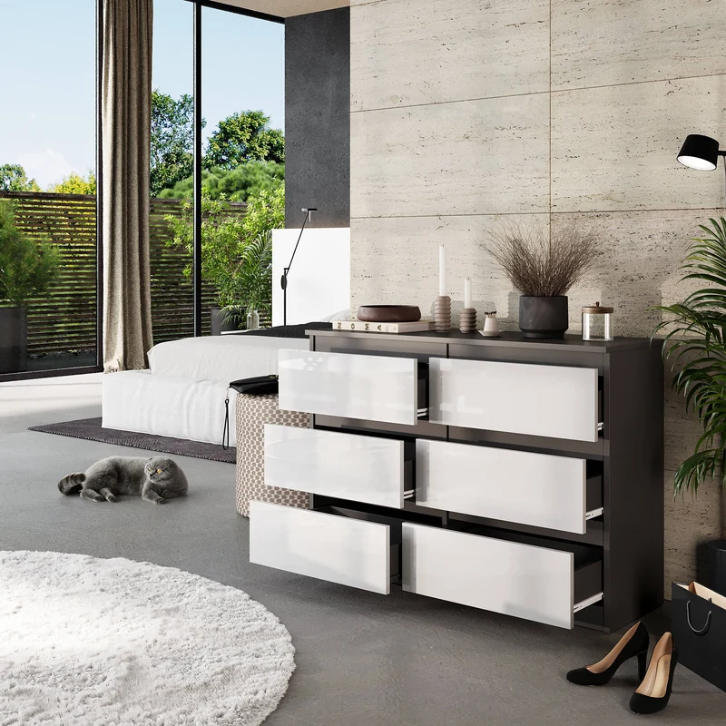 GABRIEL - Kommode / Sideboard mit 6 Schubladen - Anthrazit / Weiß Gloss H71cm B100cm TD33cm
