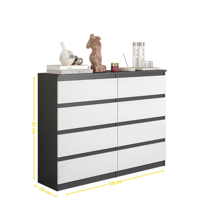 GABRIEL - Kommode / Sideboard mit 8 Schubladen - Anthrazit / Weiß Matt H92cm B120cm T33cm