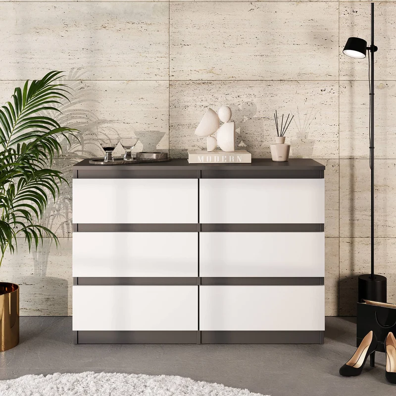 GABRIEL - Kommode / Sideboard mit 6 Schubladen - Anthrazit / Weiß Matt H71cm B100cm TD33cm