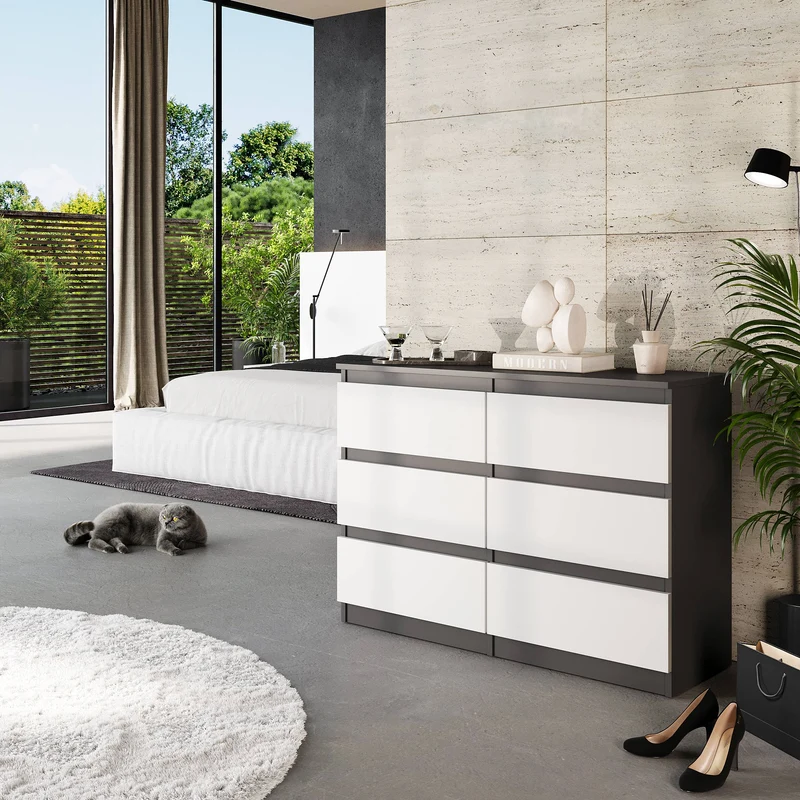 GABRIEL - Kommode / Sideboard mit 6 Schubladen - Anthrazit / Weiß Matt H71cm B100cm TD33cm