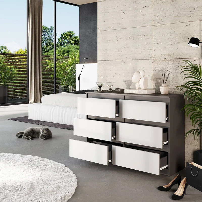 GABRIEL - Kommode / Sideboard mit 6 Schubladen - Anthrazit / Weiß Matt H71cm B100cm TD33cm