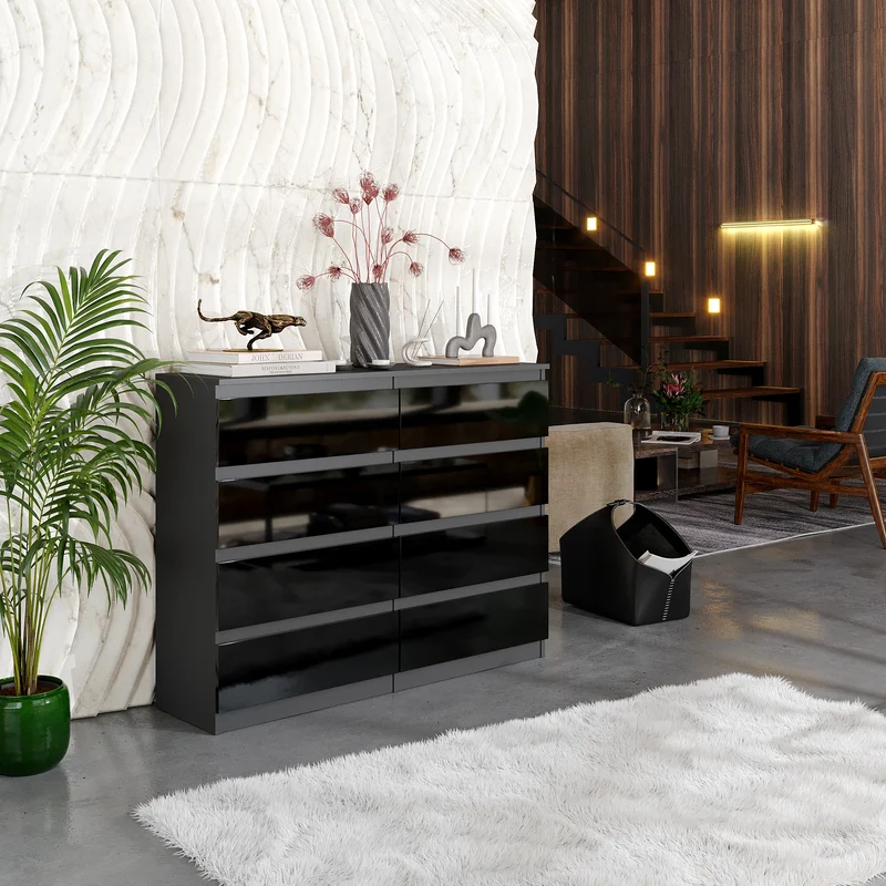 GABRIEL - Kommode / Sideboard mit 8 Schubladen - Anthrazit / Schwarz Gloss H92cm B120cm T33cm