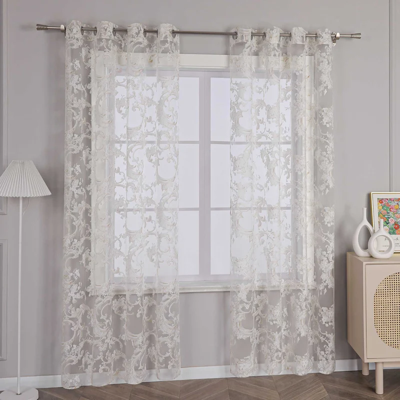Elegante Gardine mit Phönixblütenmuster - Transparenter Voile Ösenschal