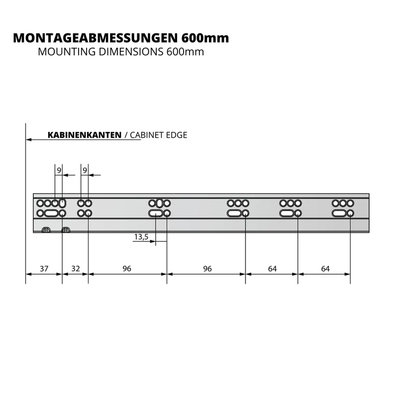 Soft-Close Unterflurführungen Schubladenschienen, Vollauszug 250mm - 600mm