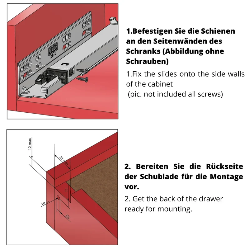 Soft-Close Unterflurführungen Schubladenschienen, Vollauszug 250mm - 600mm