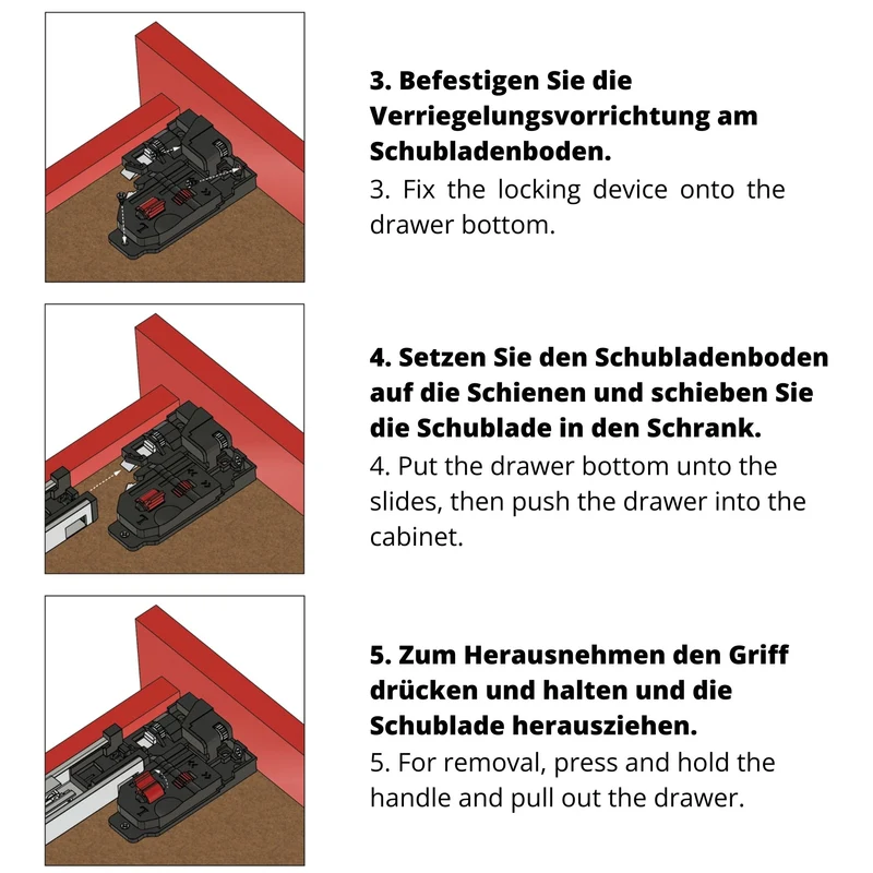 Soft-Close Unterflurführungen Schubladenschienen, Vollauszug 250mm - 600mm