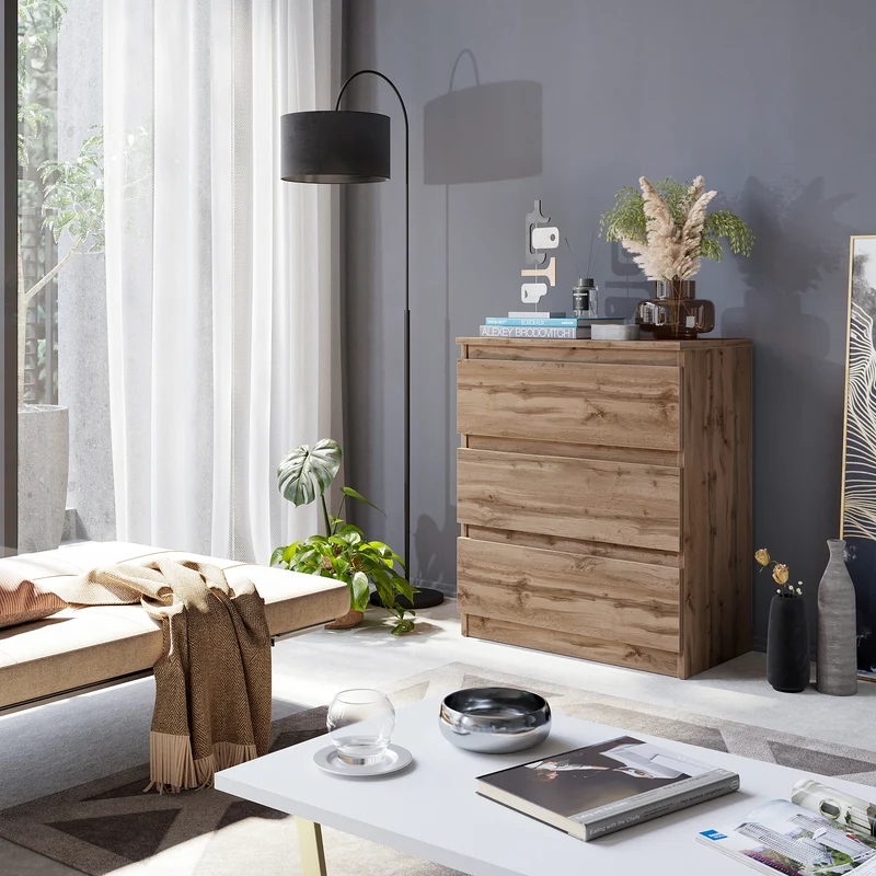 GABRIEL - Kommode / Sideboard mit 3 Schubladen - Wotan Eiche H72cm B60cm T33cm